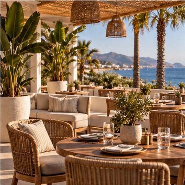 Terrace tables by the sea at sunset