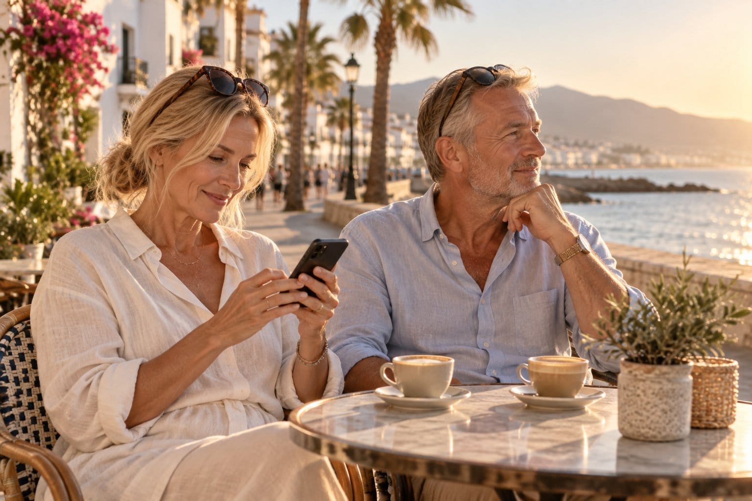 Couple booking a table on the phone at a seafront café