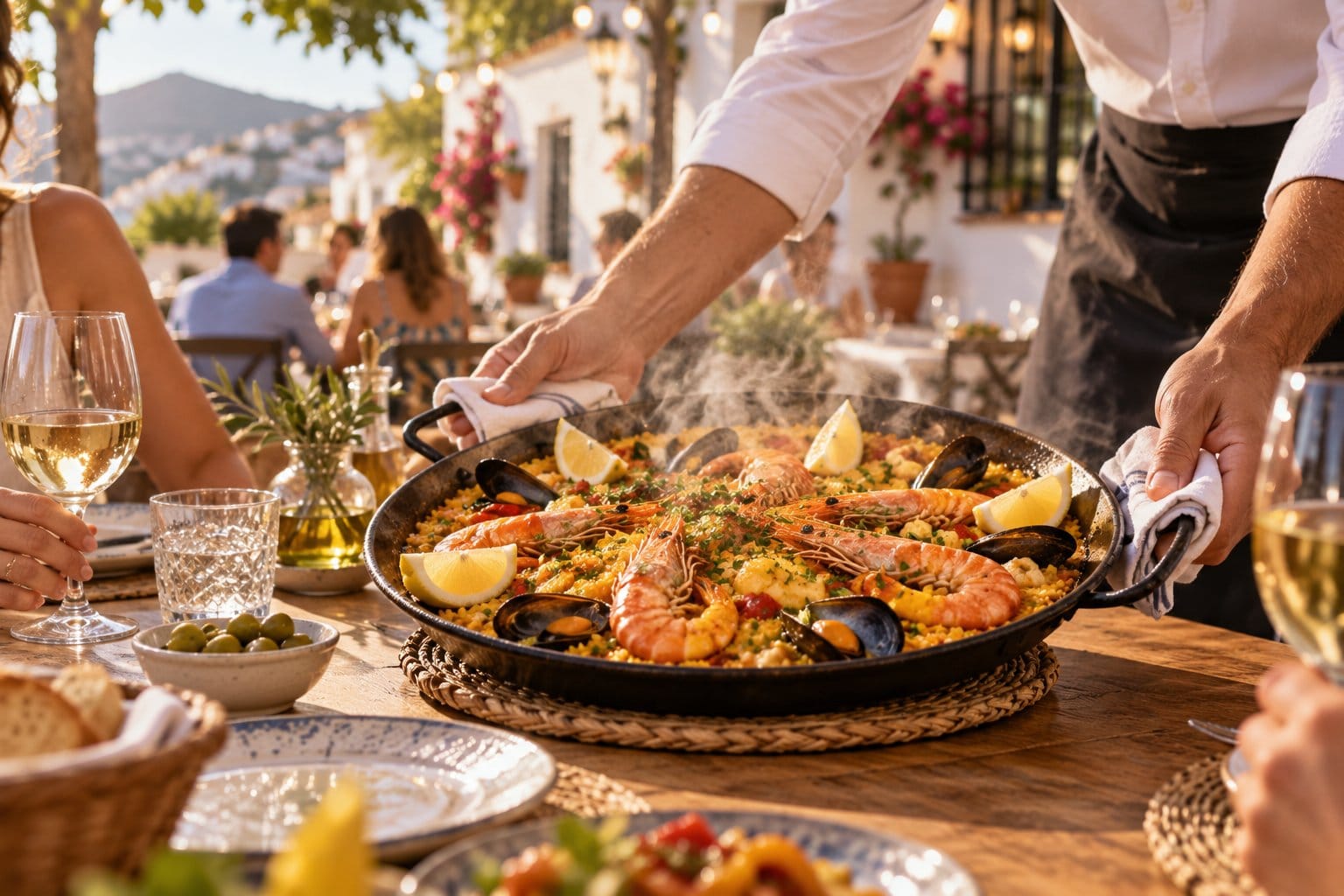 Seafood paella served on the terrace