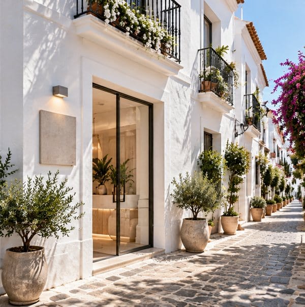 Clinic entrance on a whitewashed street