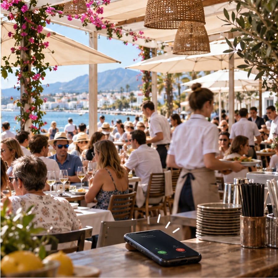 Packed restaurant terrace with a phone ringing on the bar at 13:30