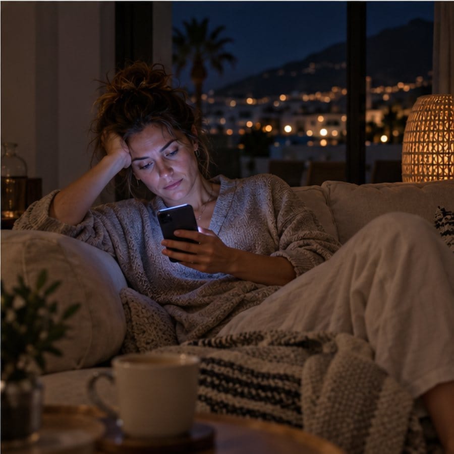Business owner on the sofa answering messages at 23:00